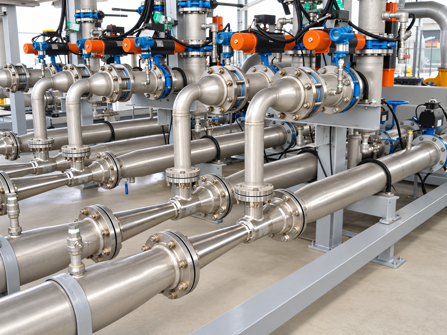 Stainless steel ozone injection pipework with flanges, valves and actuators at a treatment plant