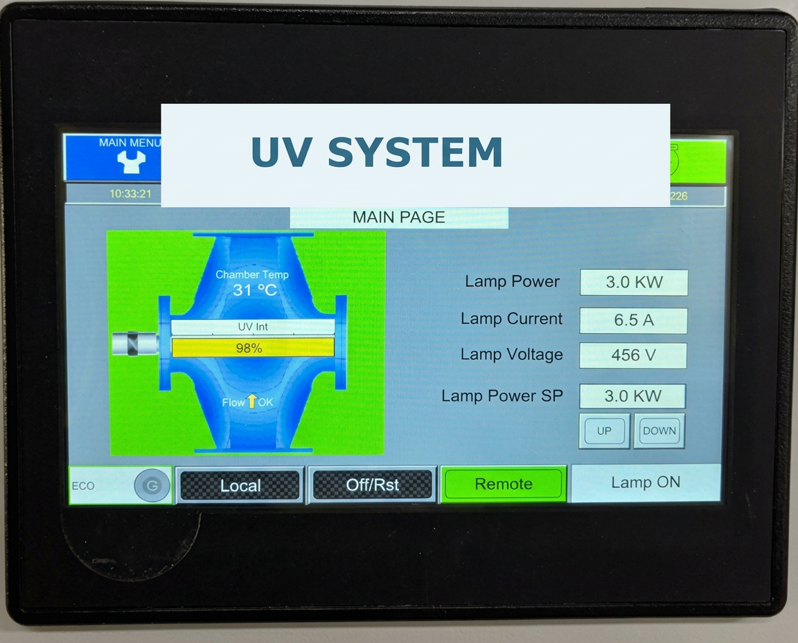 UV system HMI touchscreen showing lamp power, current and voltage
