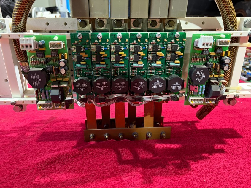 Front view of the six inverter driver boards and two end interface boards.