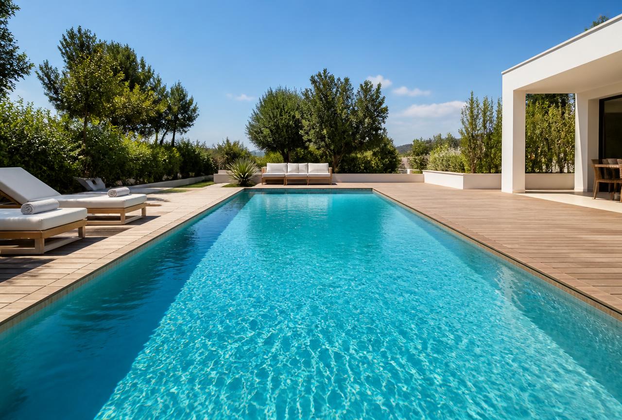 Clean modern outdoor recreational swimming pool with clear turquoise water, timber decking, sun loungers and landscaped garden